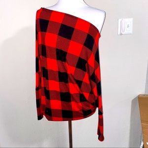 Red & black plaid slinky off the shoulder blouse